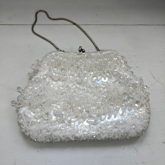 Vintage Fringe Beaded Purse Bag Party 60s Wedding Bridal - Picture 5 of 6